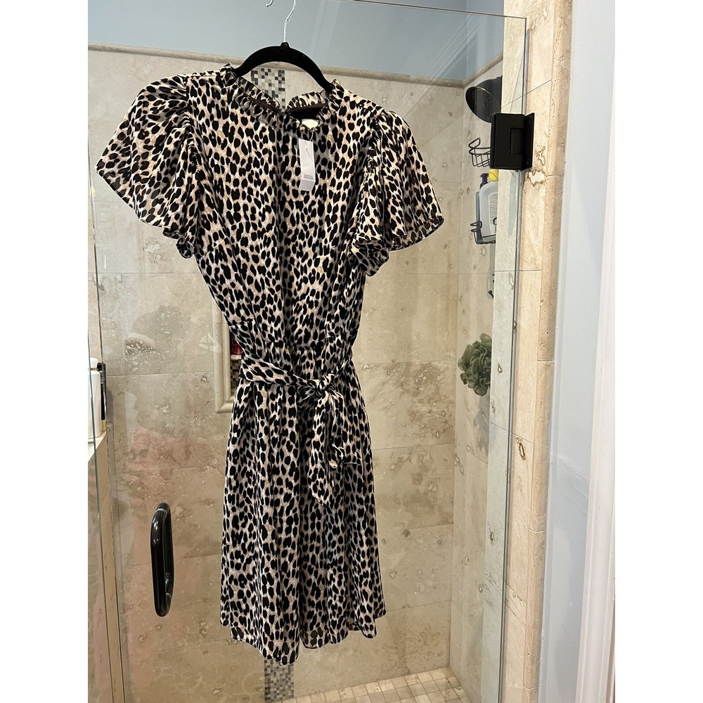 Loft Womens Dress Brown Cheetah Print Flutter Sleeve Chiffon NWT Tie Waist M